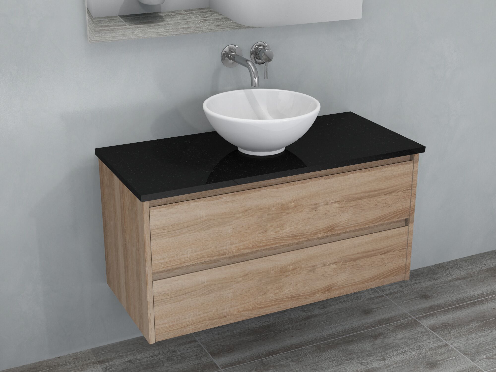 Duo Badm&ouml;bel 100, Eiche Gold, Keramik Waschbecken, Natursteinplatte