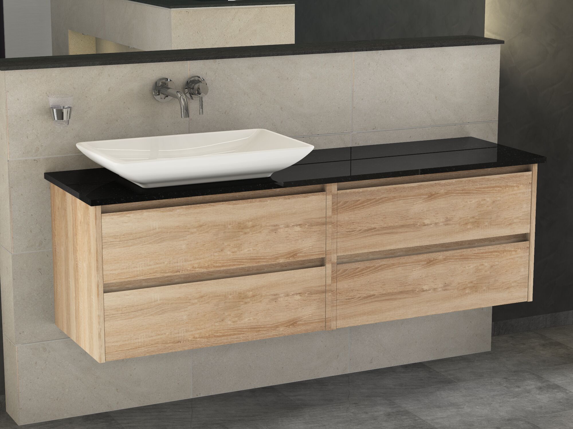 Duo Badm&ouml;bel 160, Eiche Gold, Keramik Waschbecken, Natursteinplatte