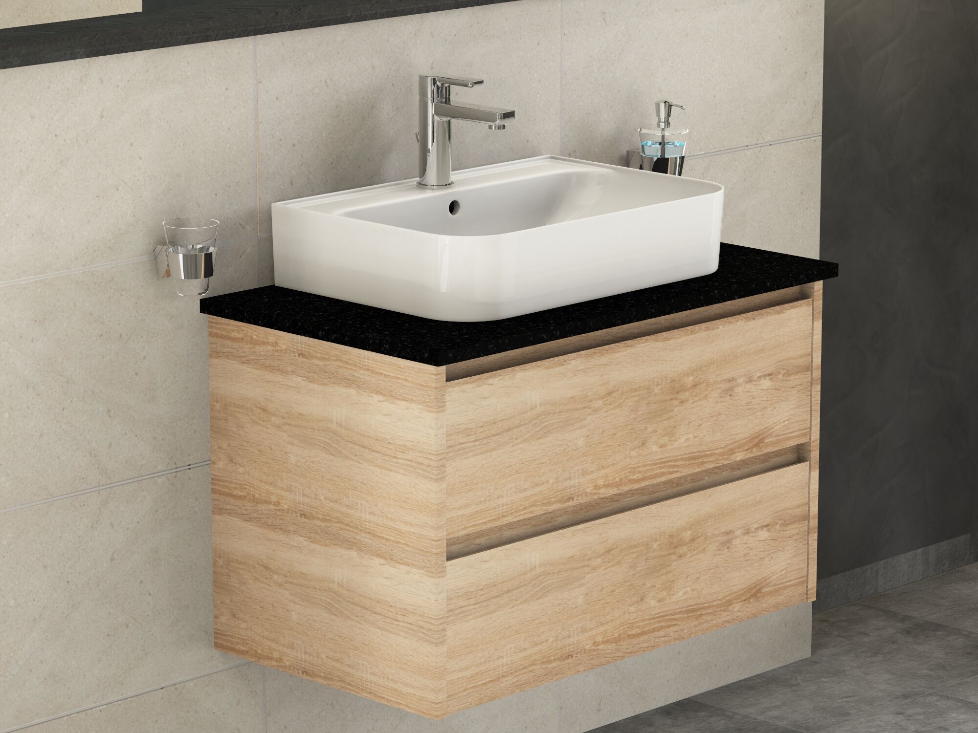 Duo Badm&ouml;bel 80, Eiche Gold, Keramik Waschbecken, Natursteinplatte