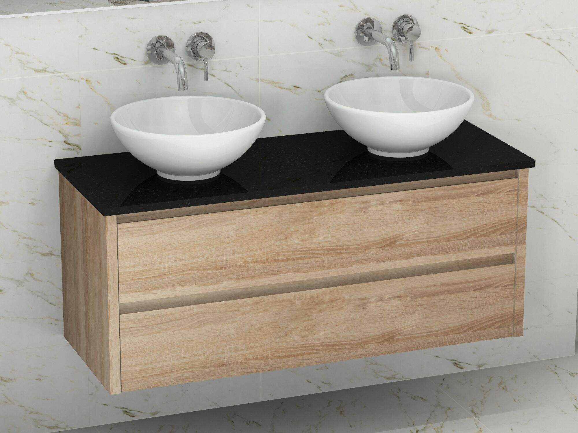 Duo Badm&ouml;bel 120, Eiche Gold, Doppelwaschtisch, Natursteinplatte
