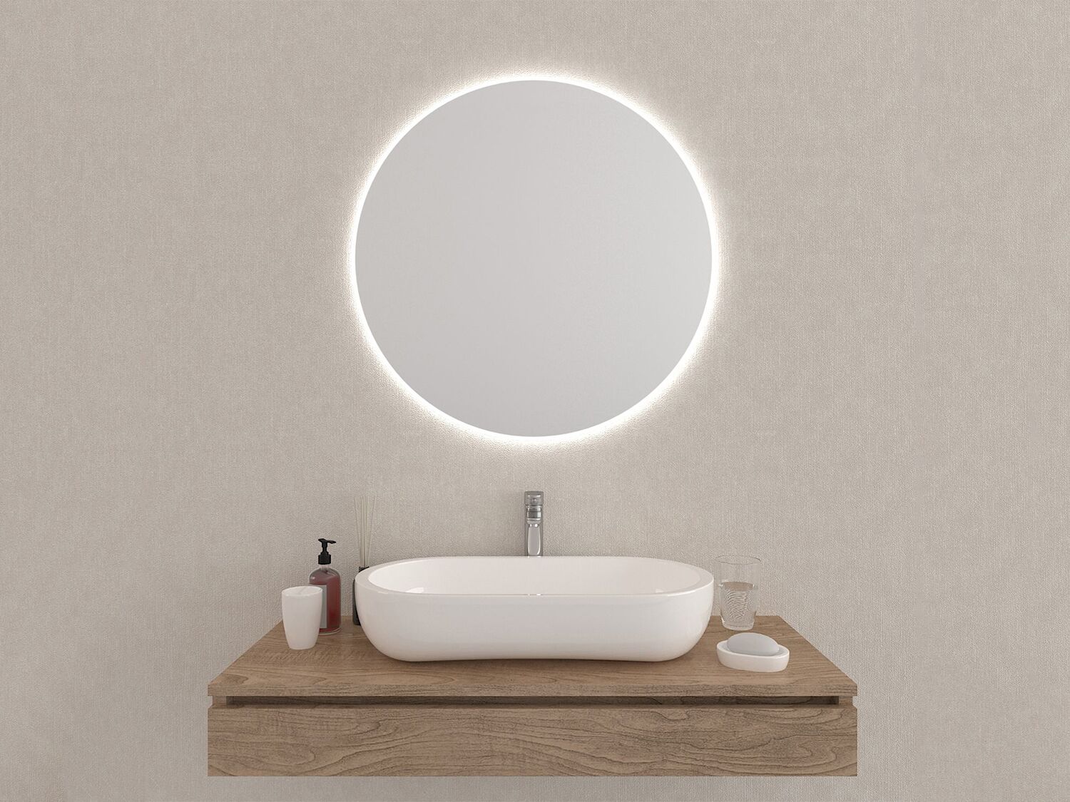 Aqua Bagno Badezimmerspiegel rund mit LED-Beleuchtung nach Ma&szlig; KR SPH.R3H