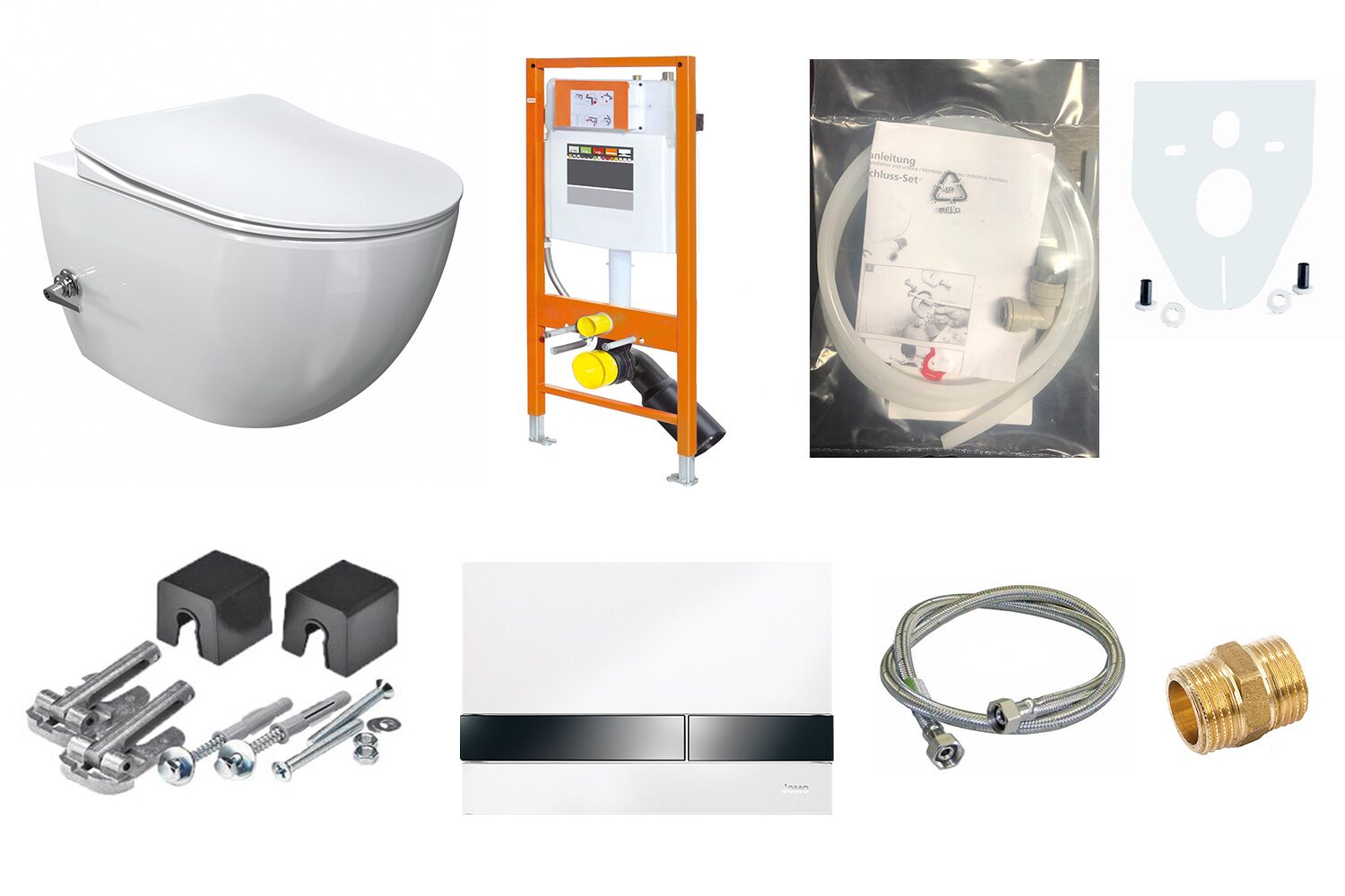Aqua Bagno WCSet.11 JomoLine.TV.1 JomoLine Vorwandelement mit Rohrunterbrecher f&uuml;r Dusch WCs mit Bidetfunktion + Wand WC mit Ventil + Dr&uuml;ckerplatte + Zubeh&ouml;r