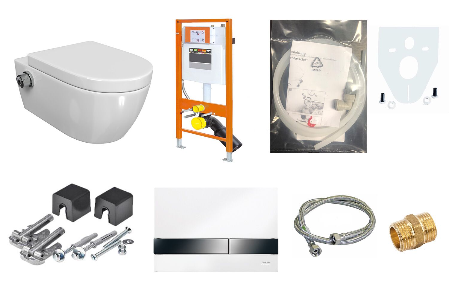 Aqua Bagno WCSet.07.JomoLine.TV.1 JomoLine Vorwandelement mit Rohrunterbrecher f&uuml;r Dusch WCs mit Bidetfunktion + Wand WC mit Ventil + Dr&uuml;ckerplatte + Zubeh&ouml;r