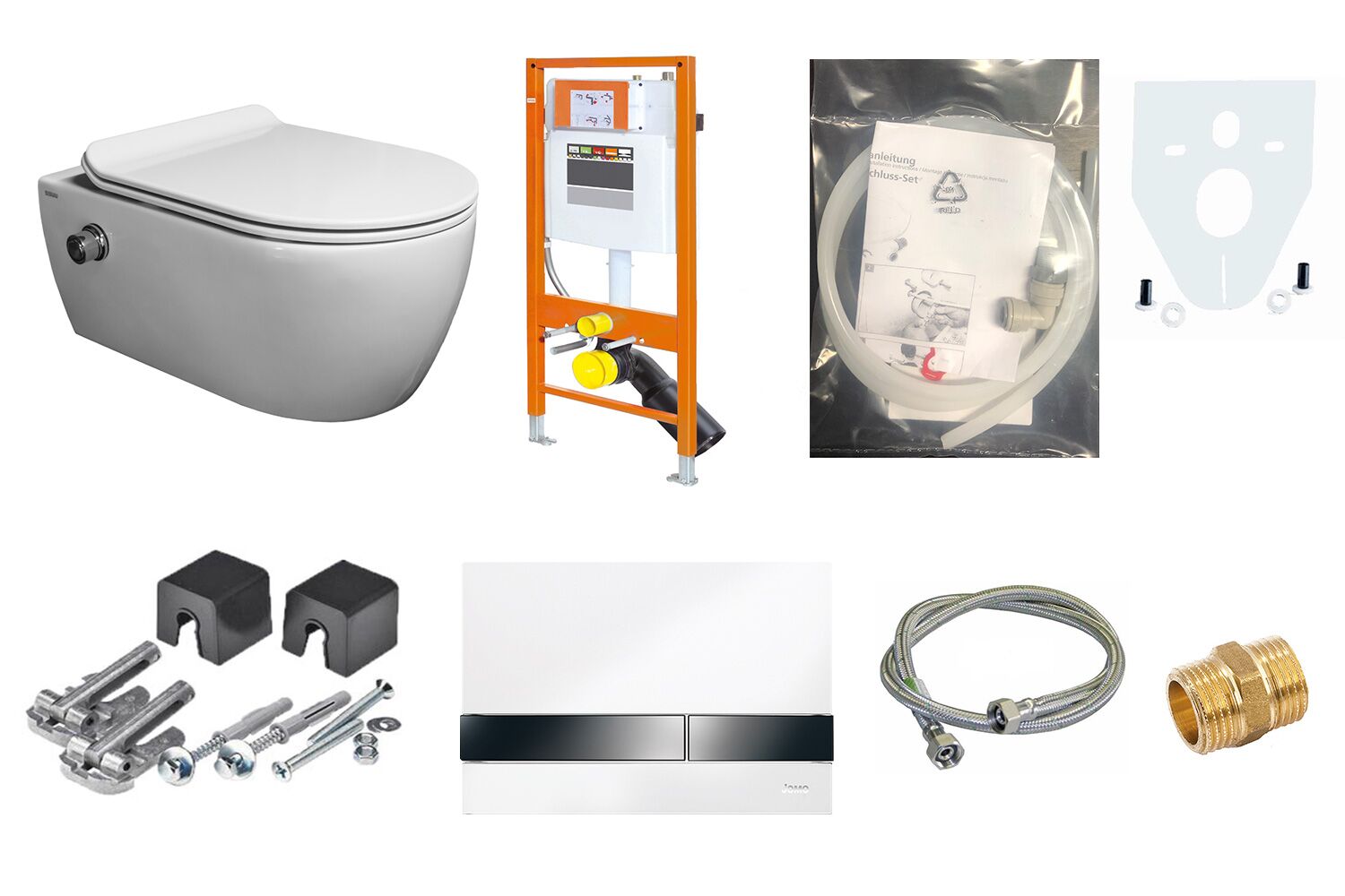 Aqua Bagno WCSet.07.JomoLine.TV2.1 JomoLine Vorwandelement mit Rohrunterbrecher f&uuml;r Dusch WCs mit Bidetfunktion + Wand WC mit Ventil + Dr&uuml;ckerplatte + Zubeh&ouml;r