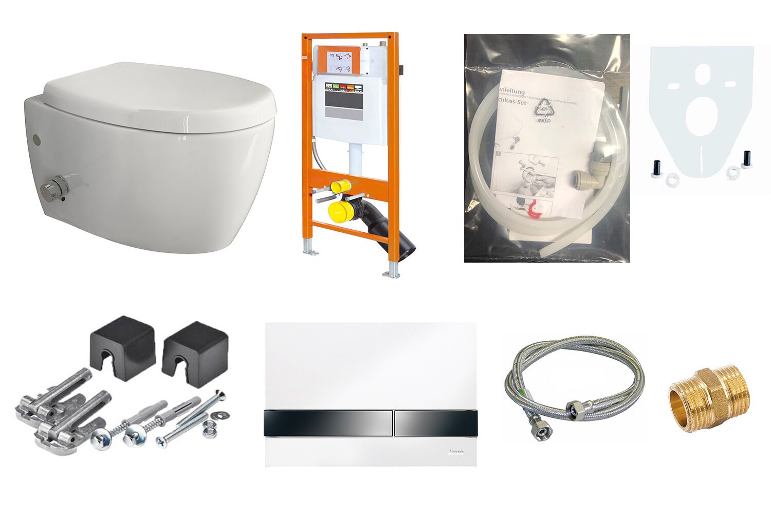 Aqua Bagno WCSet.10.JomoLine.TV.1 JomoLine Vorwandelement mit Rohrunterbrecher f&uuml;r Dusch WCs mit Bidetfunktion + Wand WC mit Ventil + Dr&uuml;ckerplatte + Zubeh&ouml;r