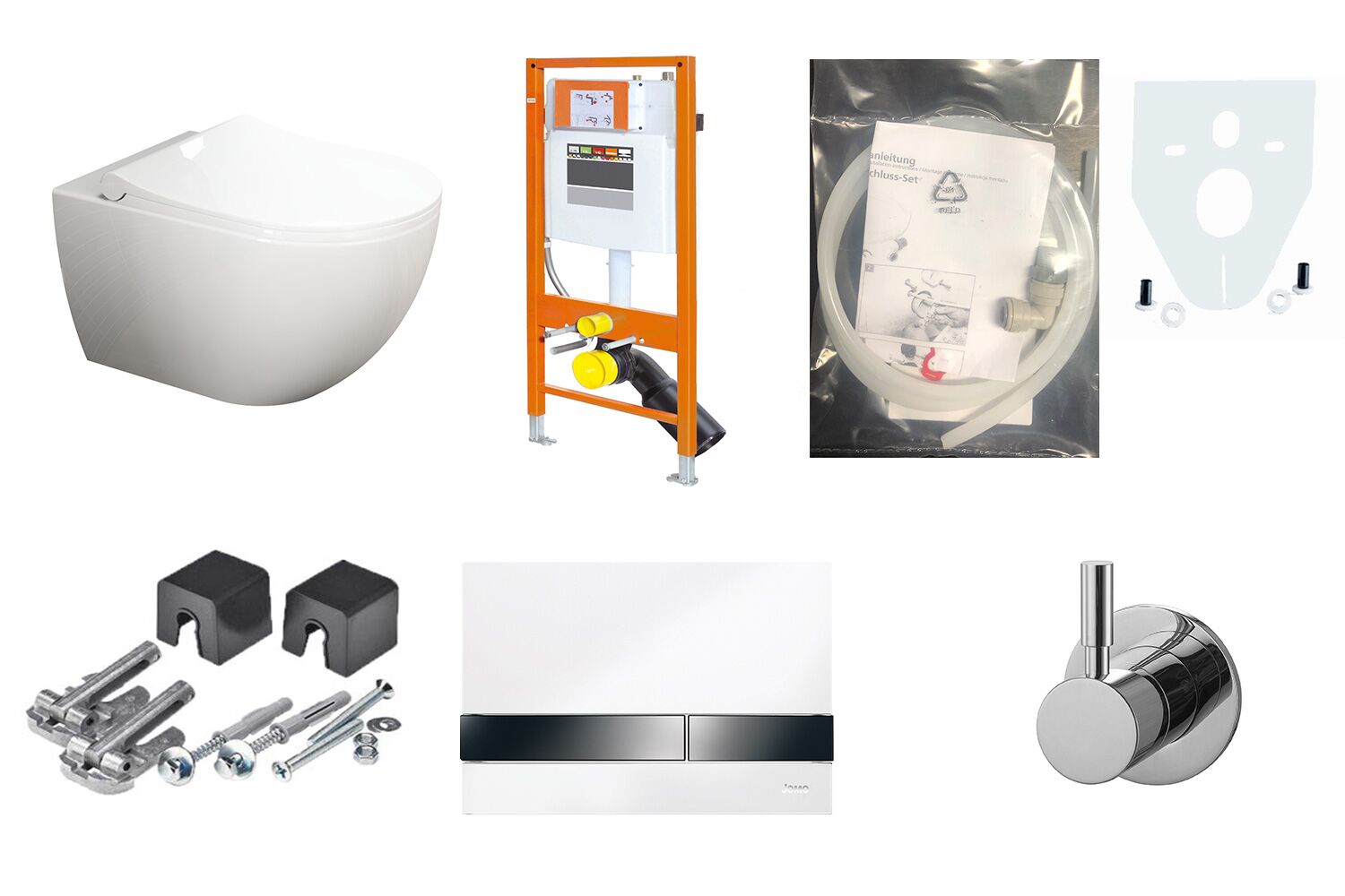 Aqua Bagno WCSet.11.JomoLine.T.1 JomoLine Vorwandelement mit Rohrunterbrecher f&uuml;r Dusch WCs mit Bidetfunktion + Wand WC Taharat + Kaltwasserarmatur + Dr&uuml;ckerplatte + Zubeh&ouml;r