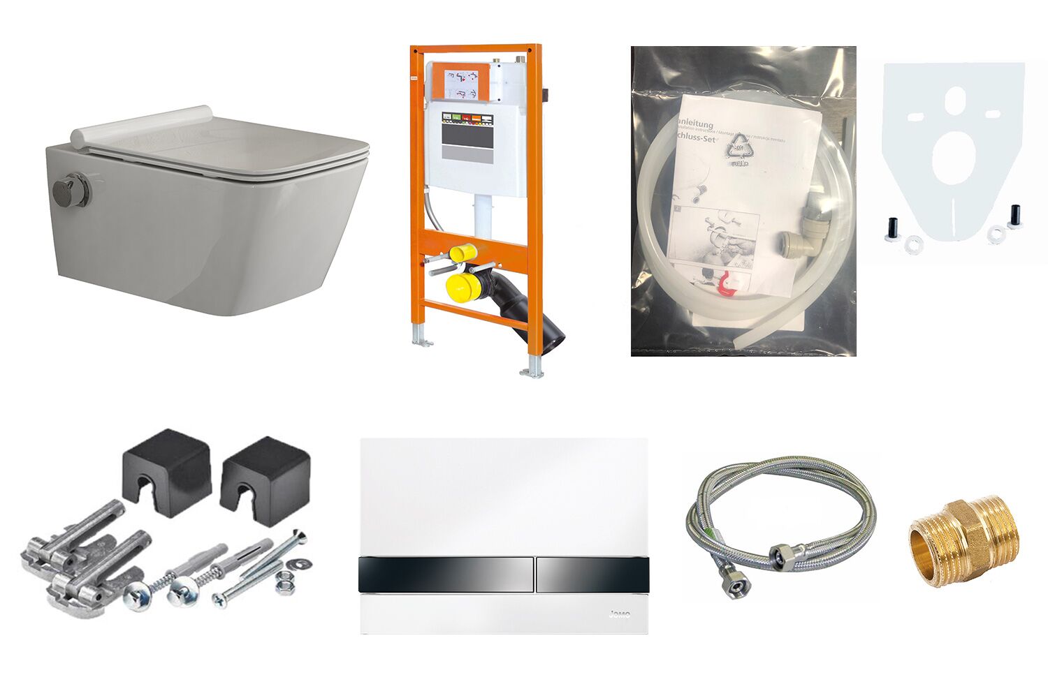Aqua Bagno WCSet.17.JomoLine.TV.1 JomoLine Vorwandelement mit Rohrunterbrecher f&uuml;r Dusch WCs mit Bidetfunktion + Wand WC mit Ventil + Dr&uuml;ckerplatte + Zubeh&ouml;r