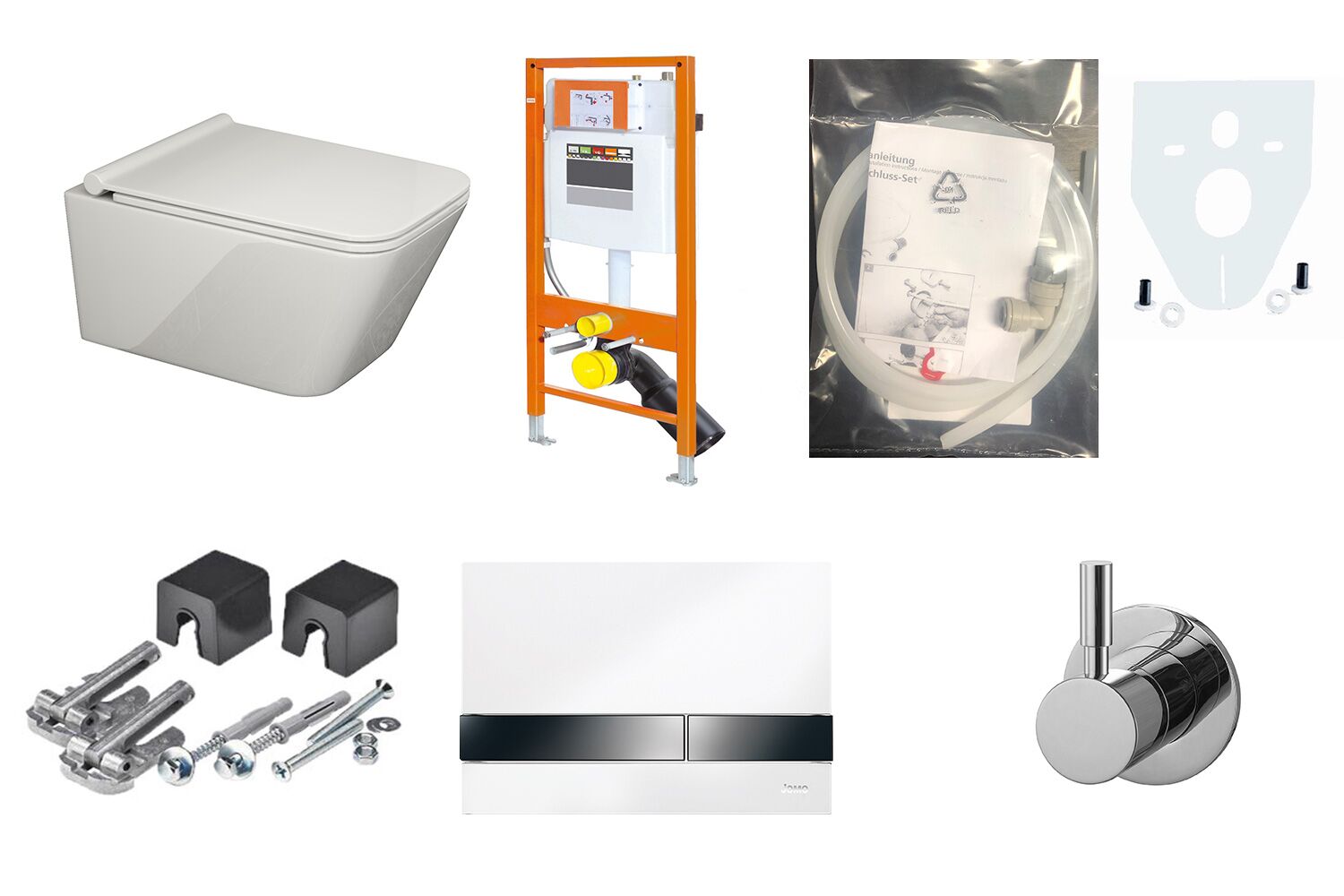 Aqua Bagno WCSet.17.JomoLine.T.1 JomoLine Vorwandelement mit Rohrunterbrecher f&uuml;r Dusch WCs mit Bidetfunktion + Wand WC Taharat + Kaltwasserarmatur + Dr&uuml;ckerplatte + Zubeh&ouml;r