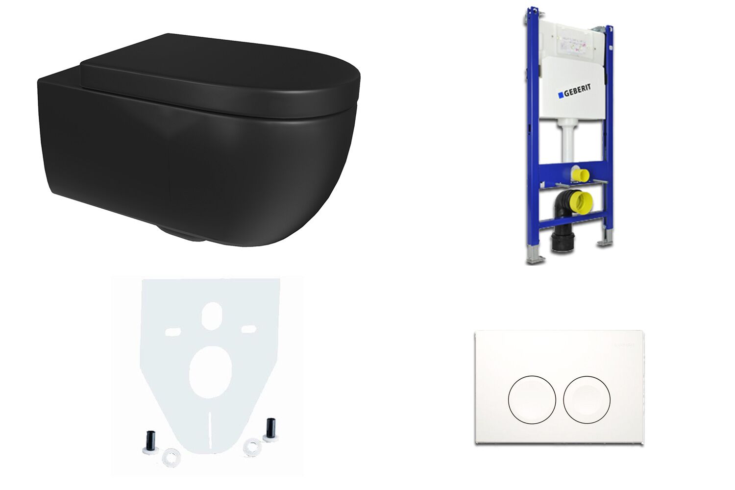 Geberit &amp; Aqua Bagno 011.1051.063SMK sp&uuml;lrandlos schwarz matt + Sp&uuml;lkasten Geberit Basic Vorwandelement + Wand WC + Dr&uuml;ckerplatte