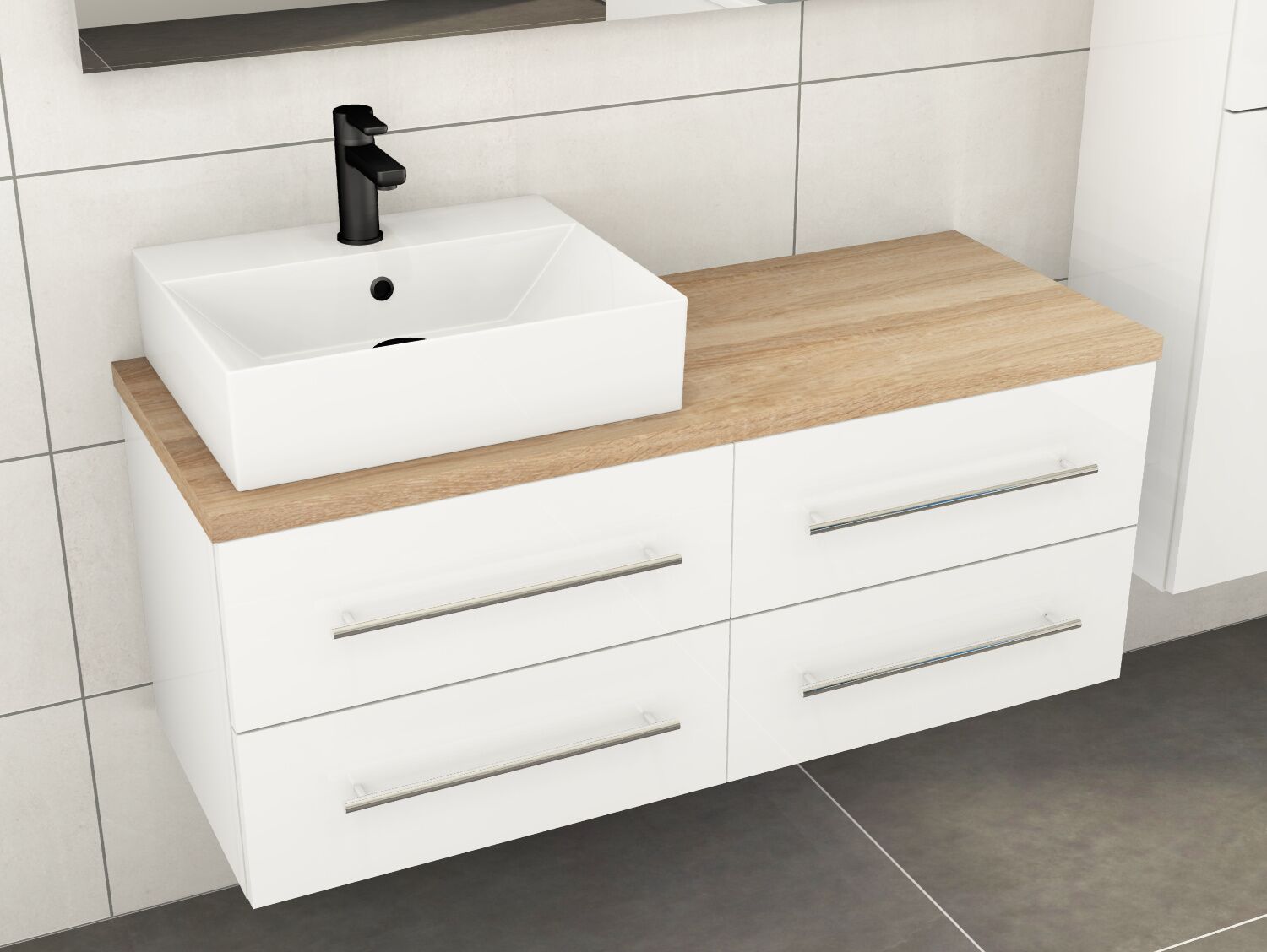Flex Badm&ouml;bel 120, Wei&szlig; Hochglanz Lackiert, Keramik Waschbecken, Tr&auml;gerplatte