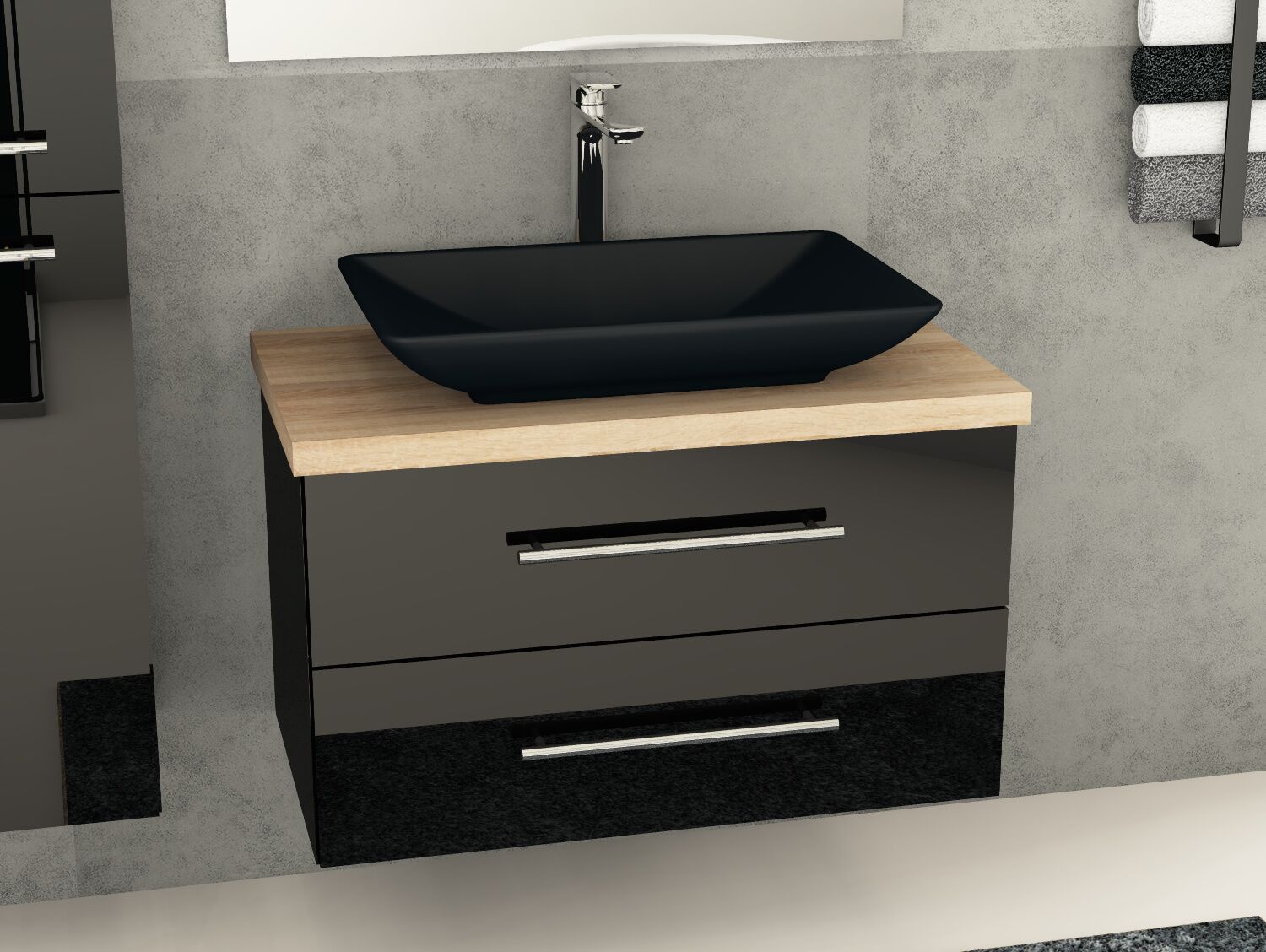Flex Badm&ouml;bel 80, Schwarz Hochglanz Lackiert, Keramik Waschbecken, Tr&auml;gerplatte