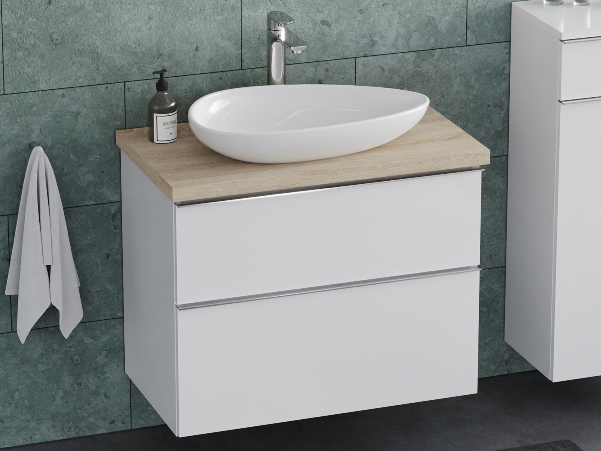 Smile Badm&ouml;bel 80, Wei&szlig; Hochglanz Lackiert, Keramik Waschbecken, Tr&auml;gerplatte
